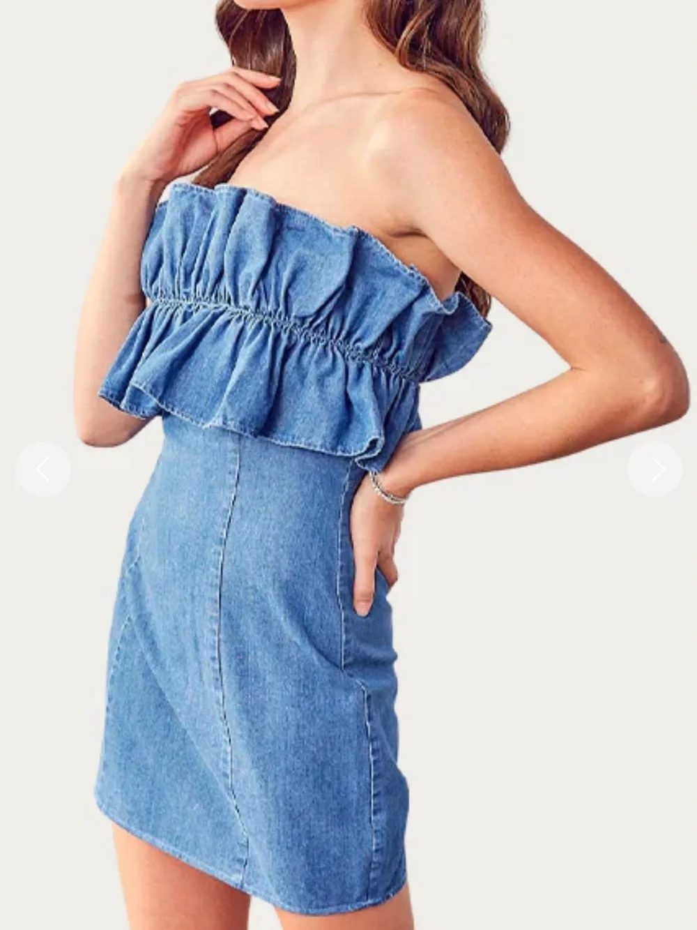 NWT! Denim Strapless Ruffle Light Wash Mini Dress Coastal Western Medium - Picture 2 of 7